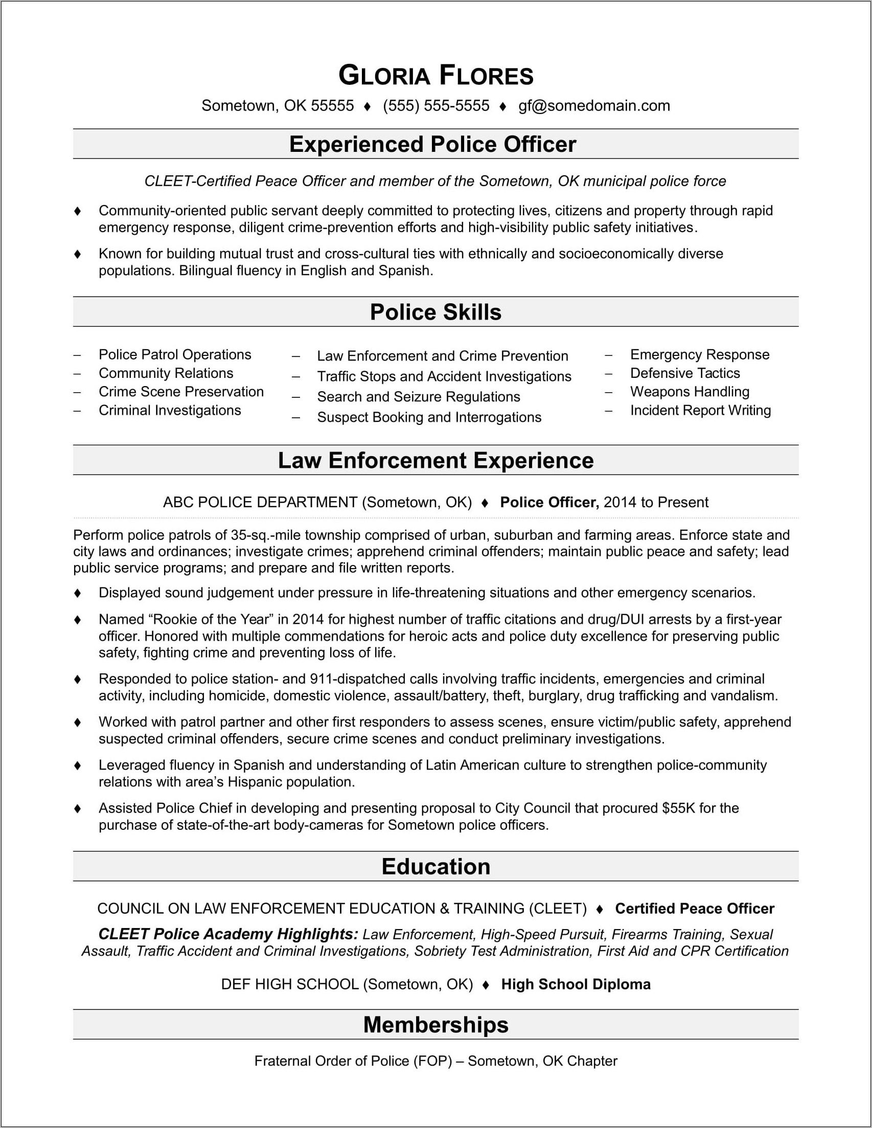 Resume Summary Examples For Law Enforcement