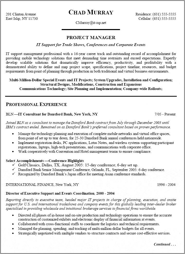 Resume Summary Examples For Project Managers