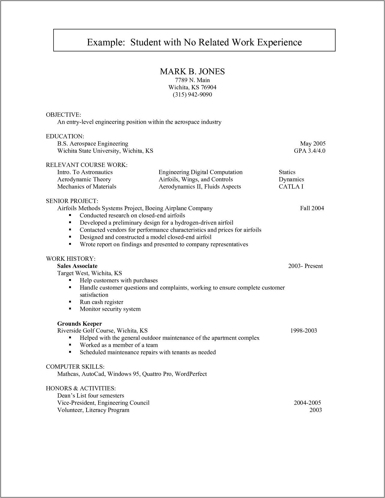 Resume Template College Student No Work Experience