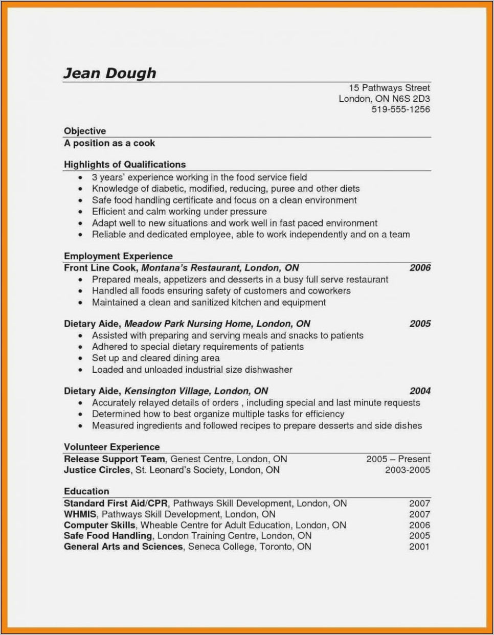 Resume Template Cook Chef