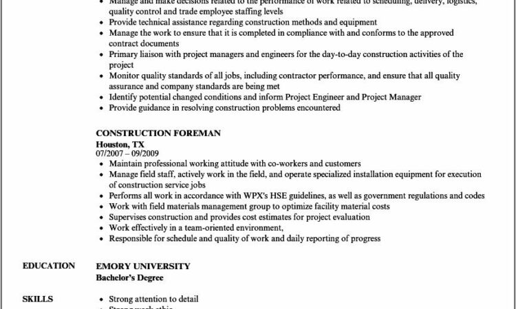 Resume Template For Construction Foreman