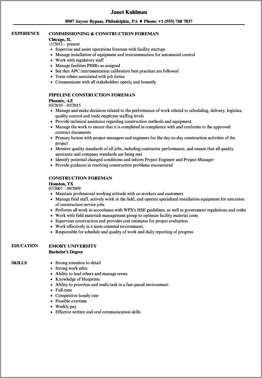 Resume Template For Construction Foreman