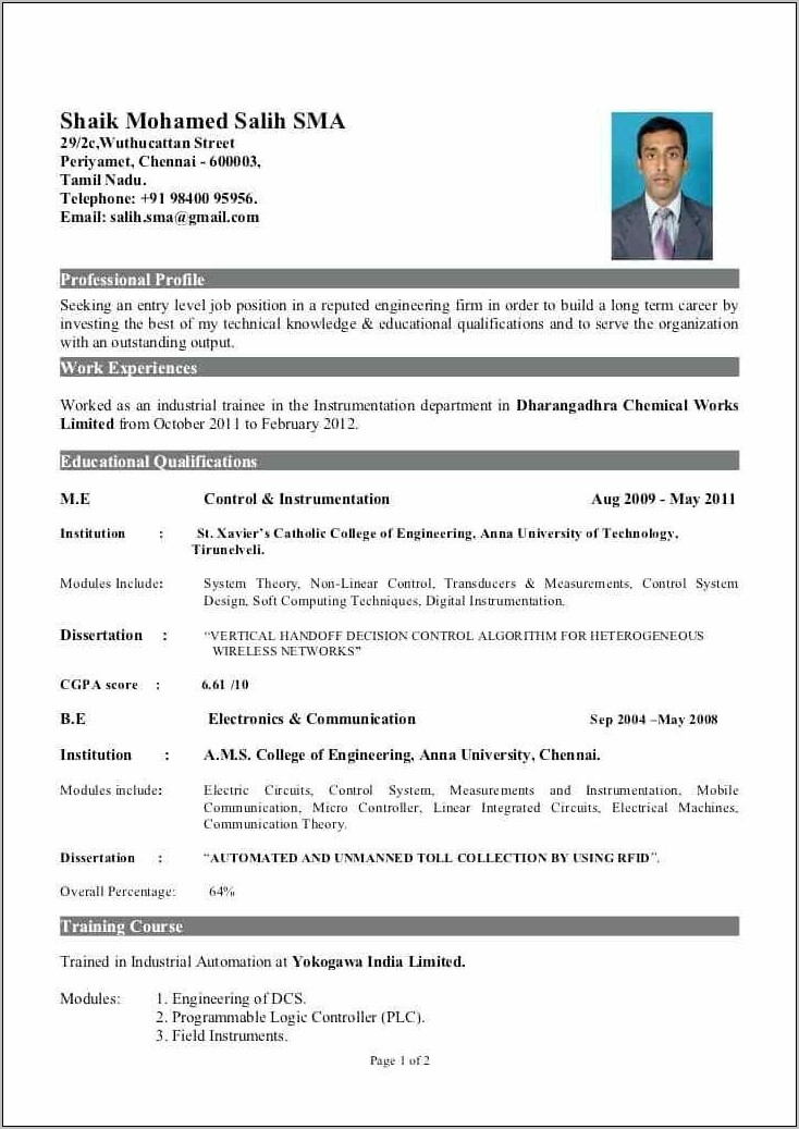 Resume Template For Fresher Engineer