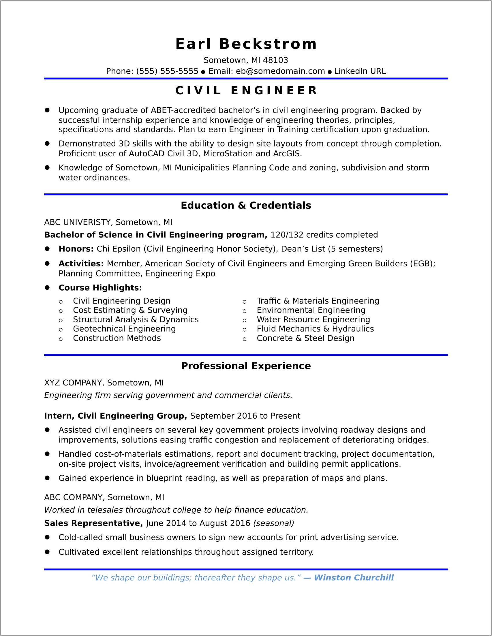 Resume Template For Freshers Civil Engineers