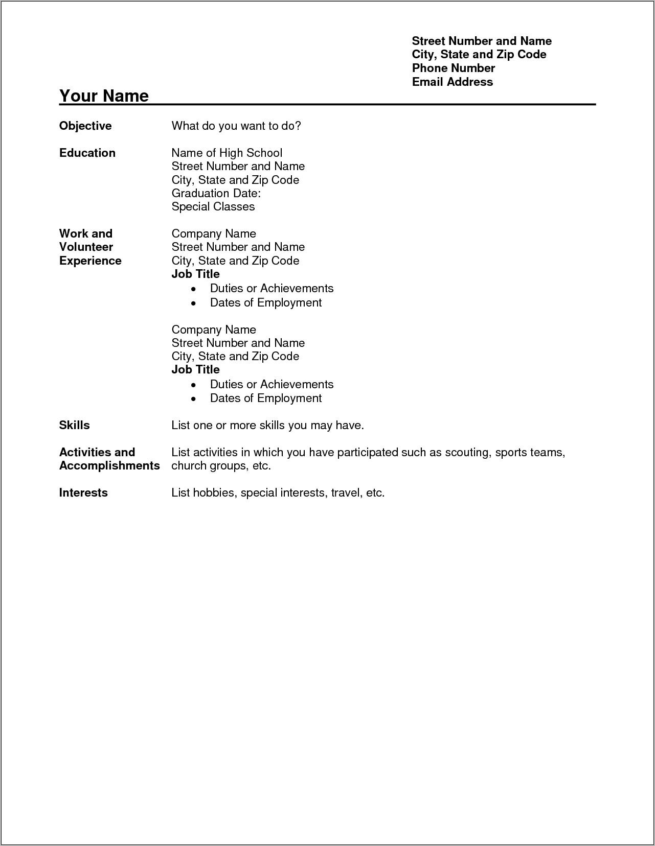 Resume Template For Highschool Students