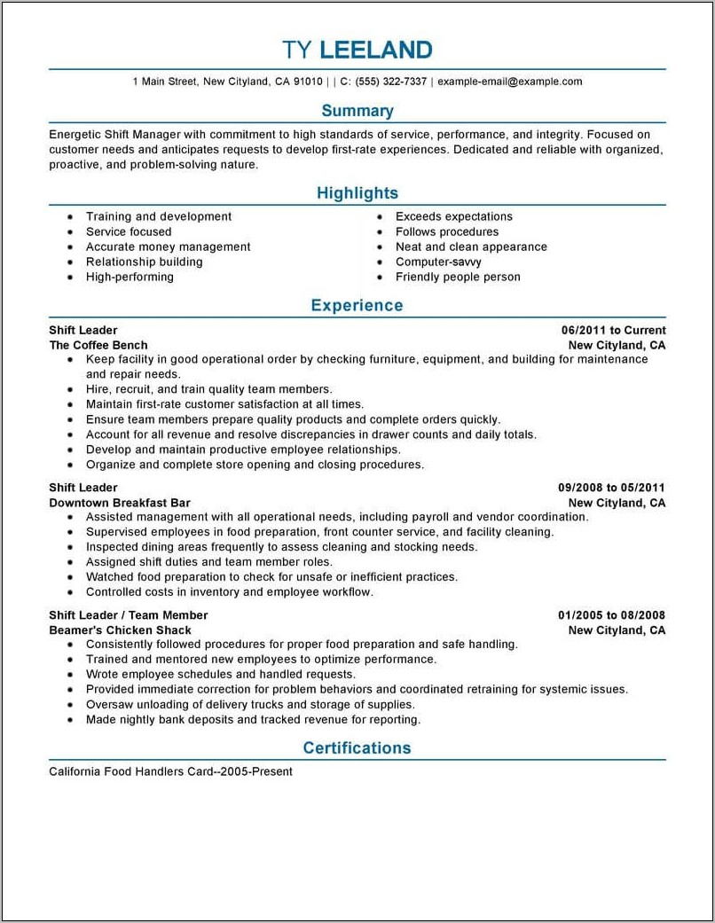 Resume Template For Managerial Position
