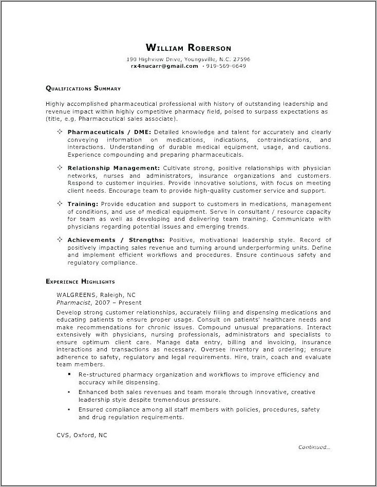 Resume Template For Pharmaceutical Sales Rep