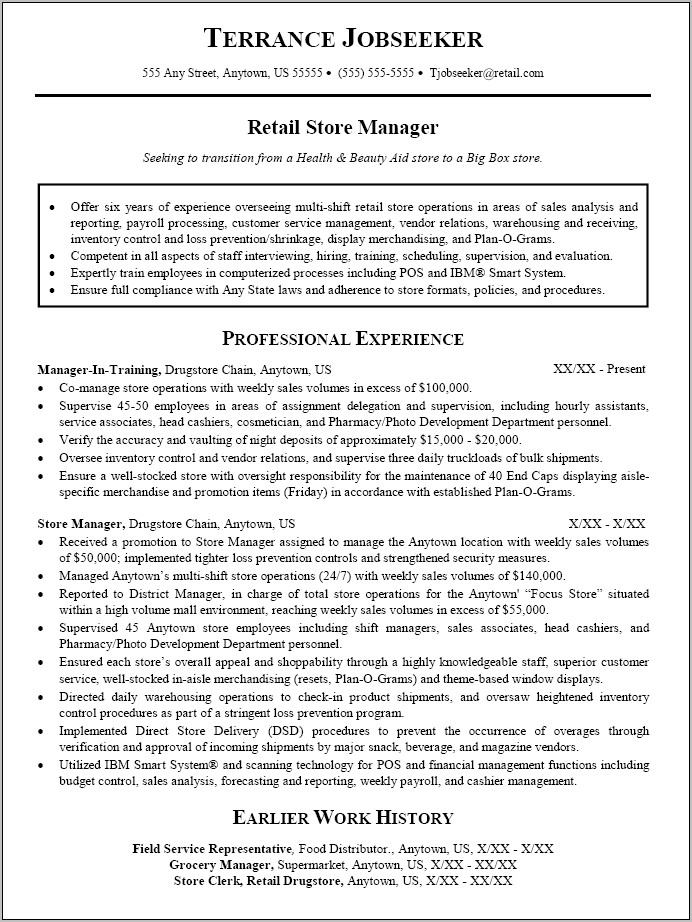 Resume Template For Retail Manager