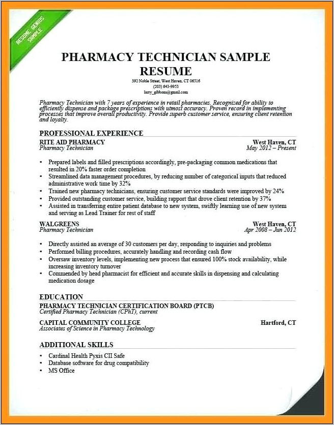 Resume Template For Retail Pharmacist