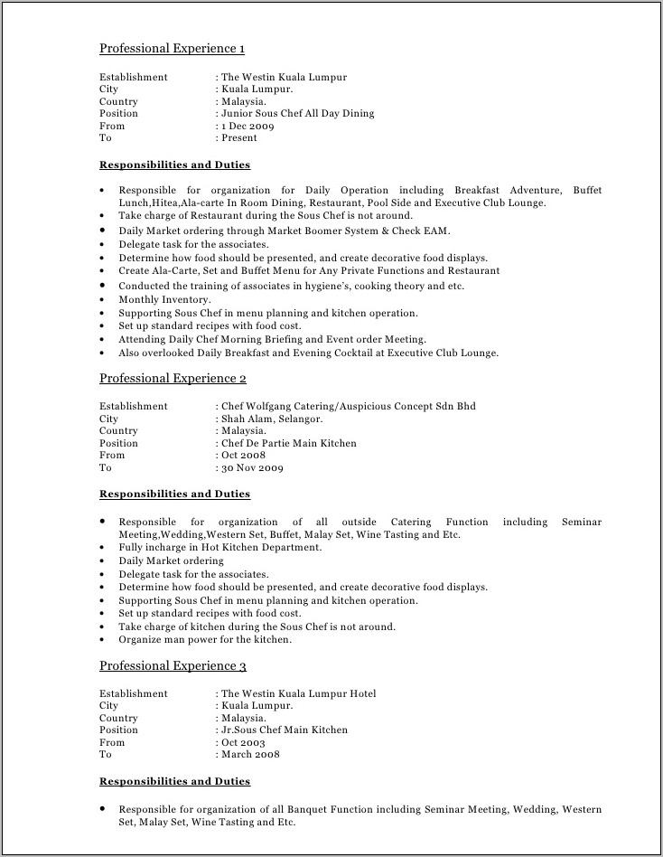 Resume Template For Sous Chef