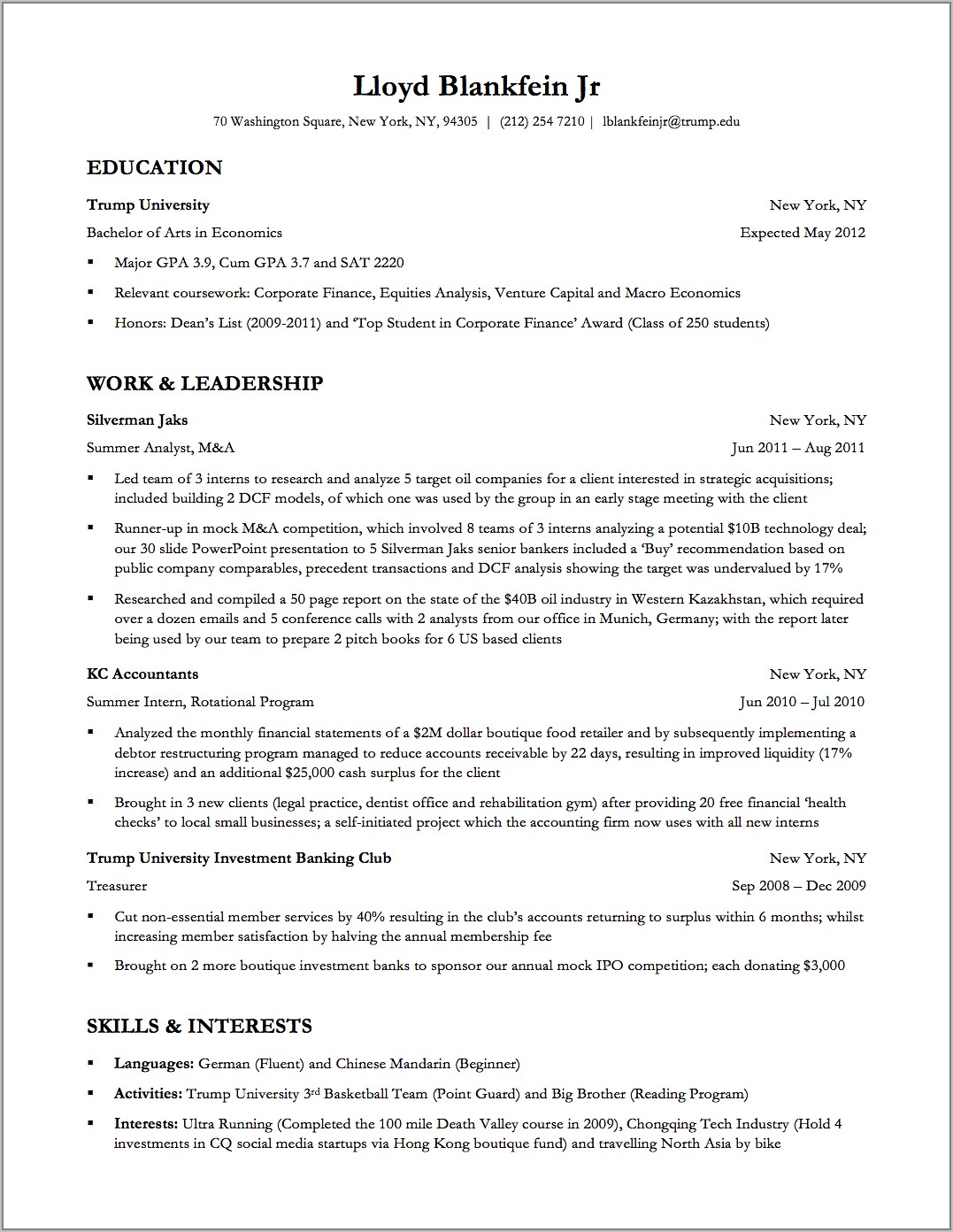 Resume Templates For Bankers