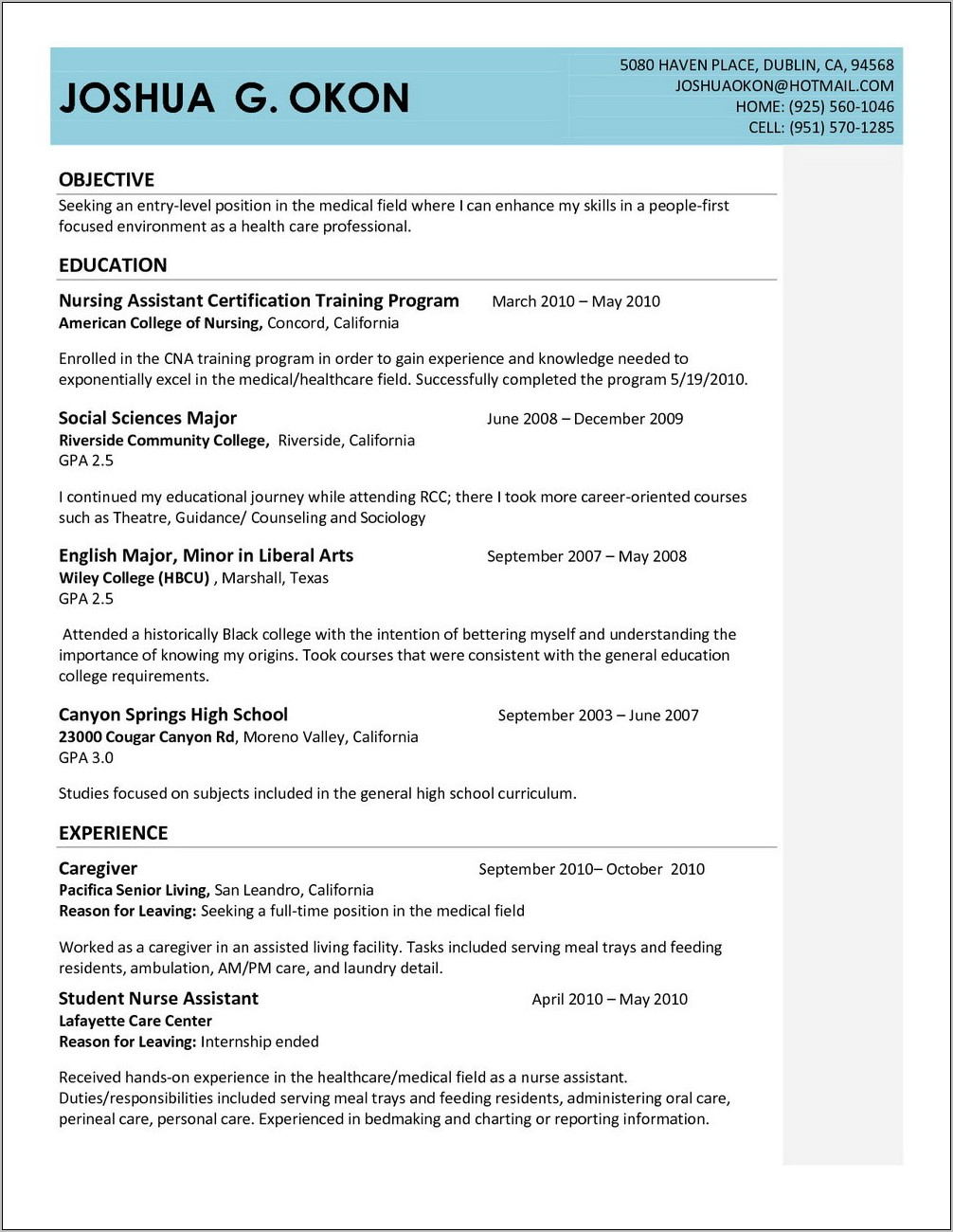 Resume Templates For Cna