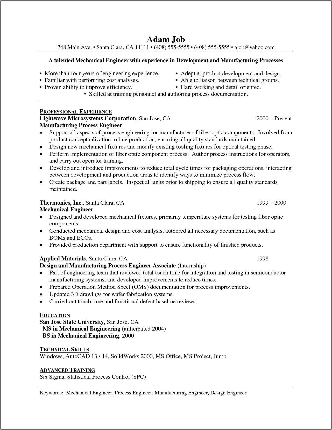 Resume Templates For Experienced Mechanical Engineers