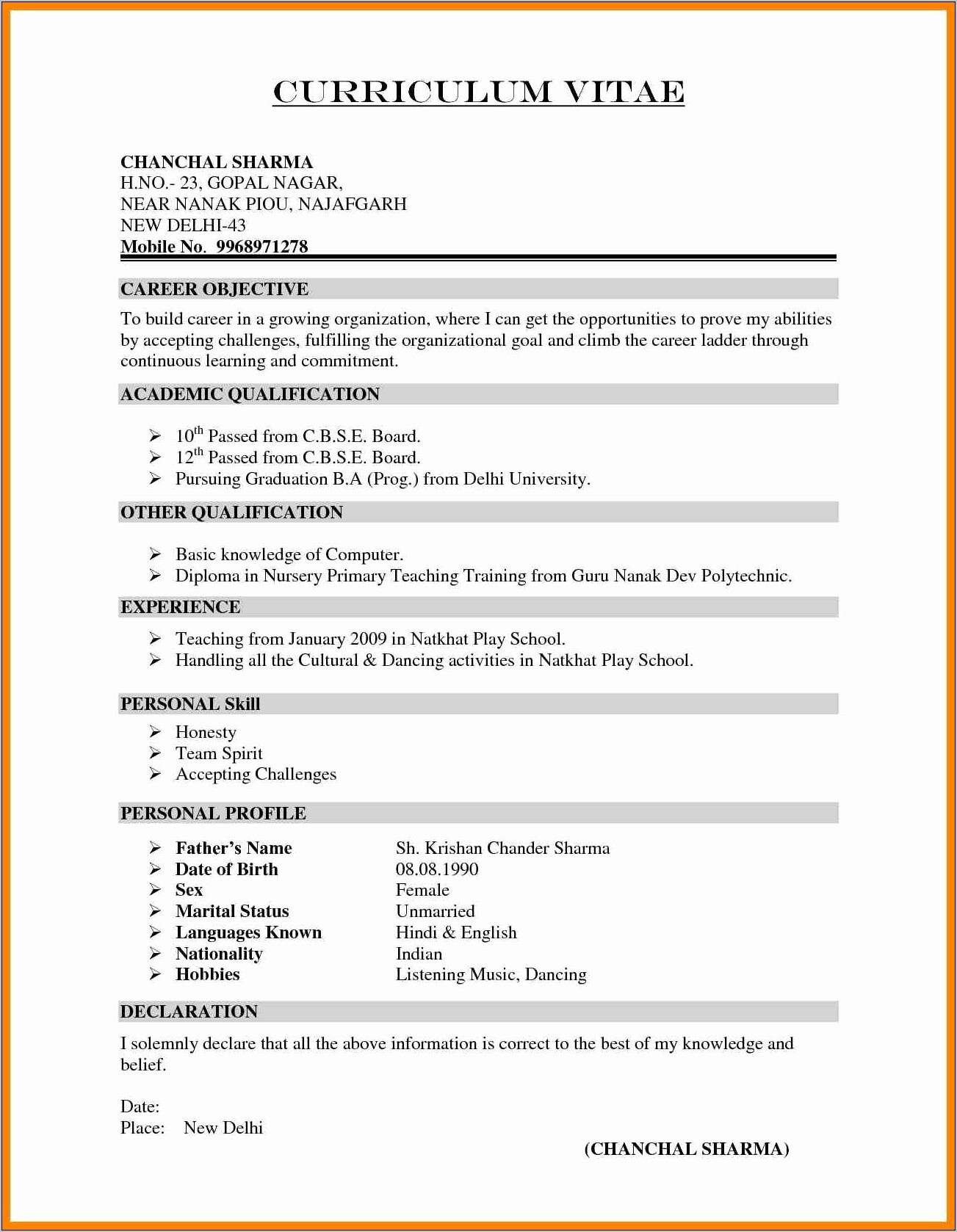 Resume Templates For Freshers Pdf