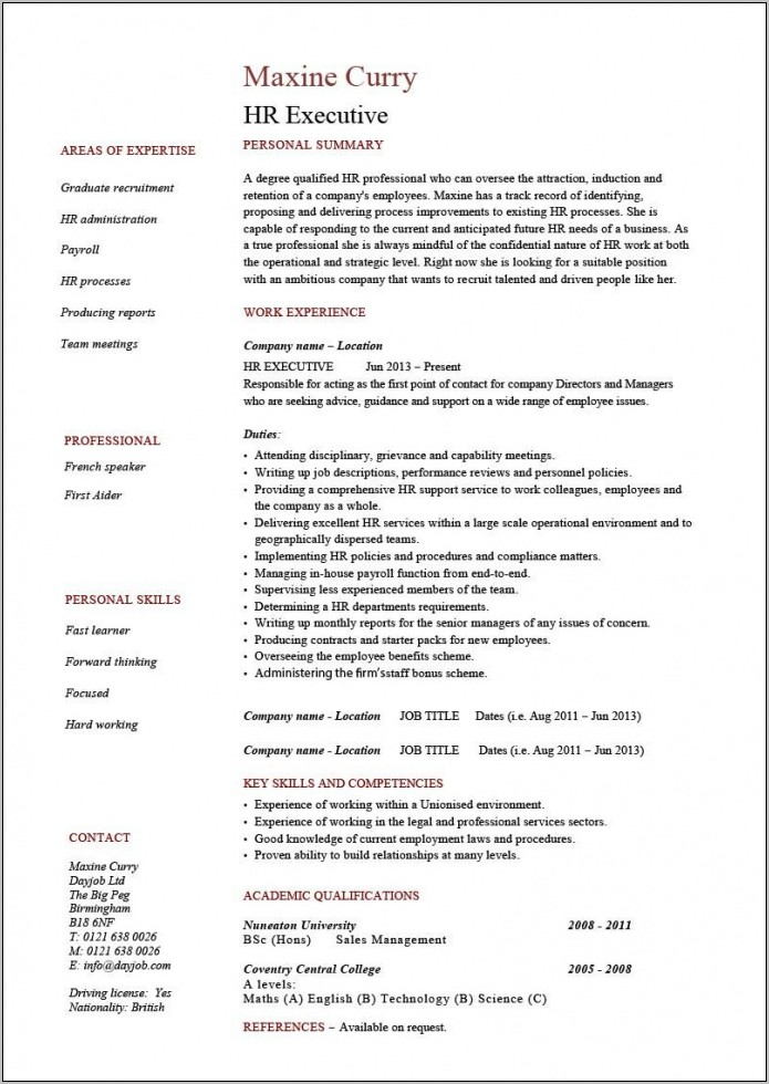 Resume Templates For Human Resources Executive