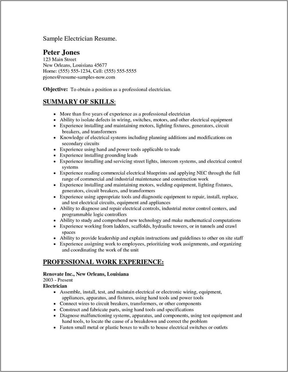 Resume Templates For Journeyman Electricians