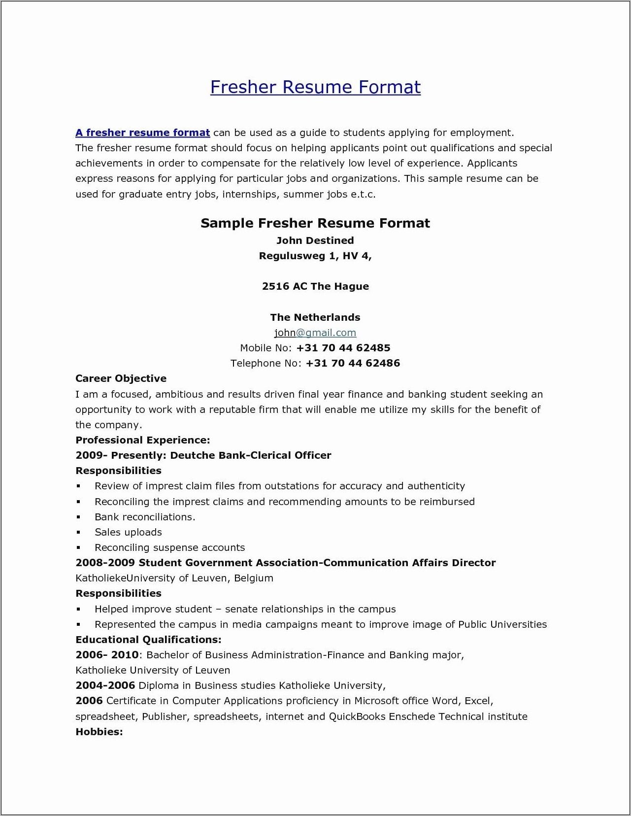 Resume Templates For Mba Hr Freshers