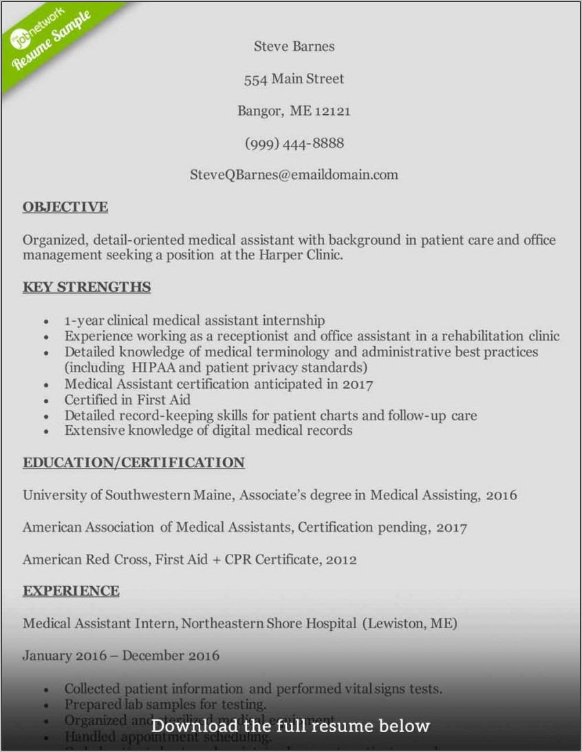 Resume Templates For Medical Office Assistant