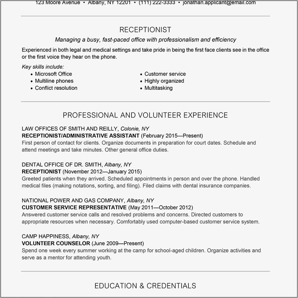Resume Templates For Medical Office Receptionist