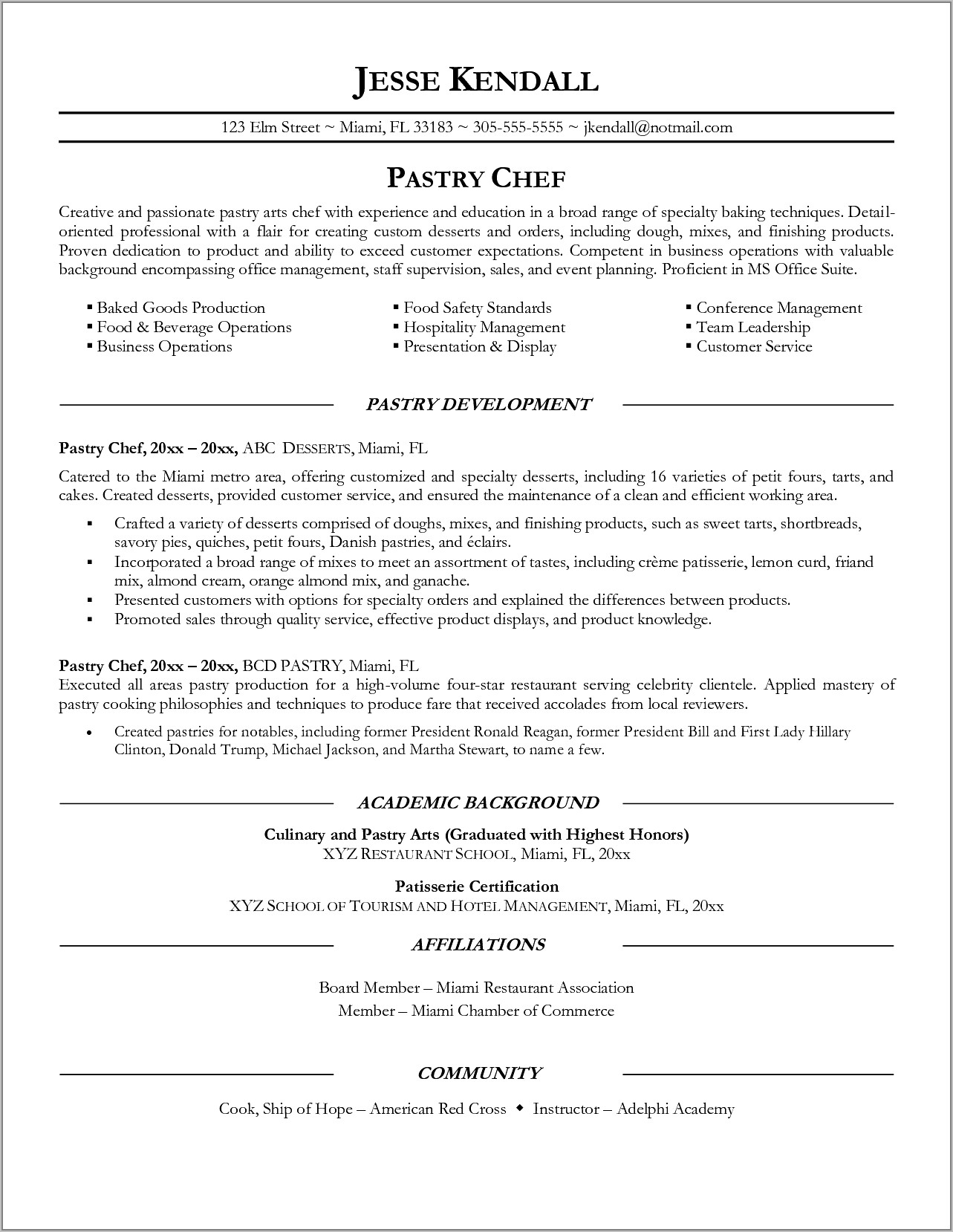 Resume Templates For Pastry Chefs