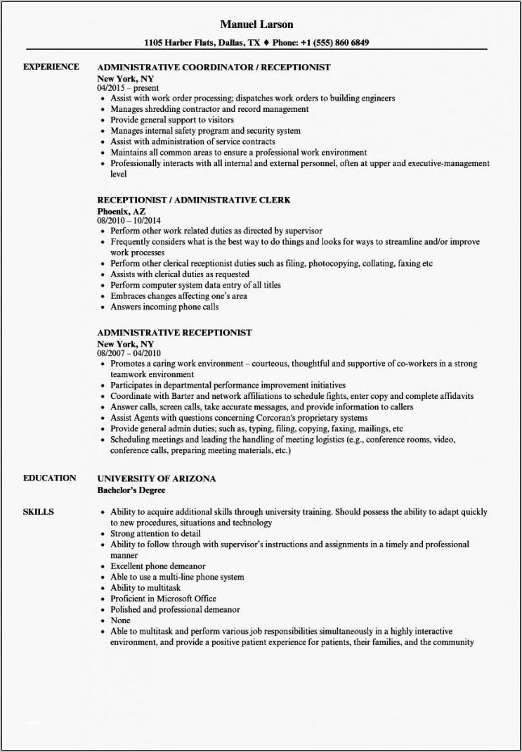 Resume Templates For Receptionist
