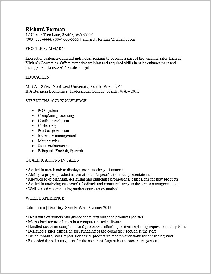 Resume Templates For Retail Sales Associate