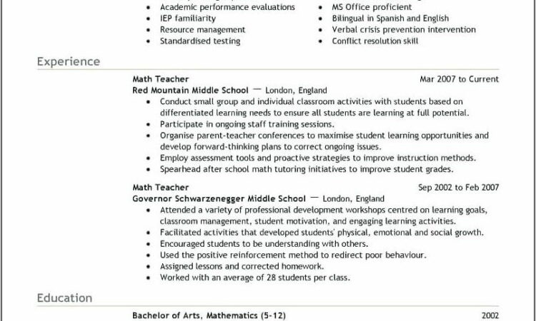 Resume Templates For Teachers Word