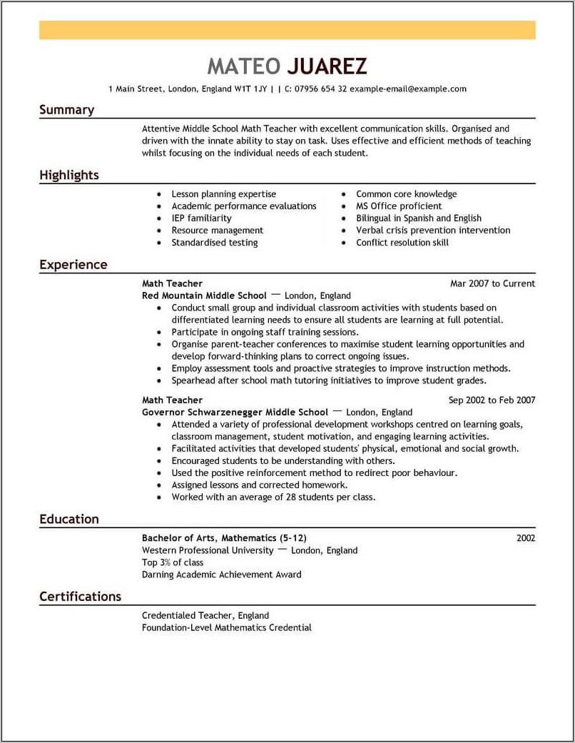 Resume Templates For Teaching Job