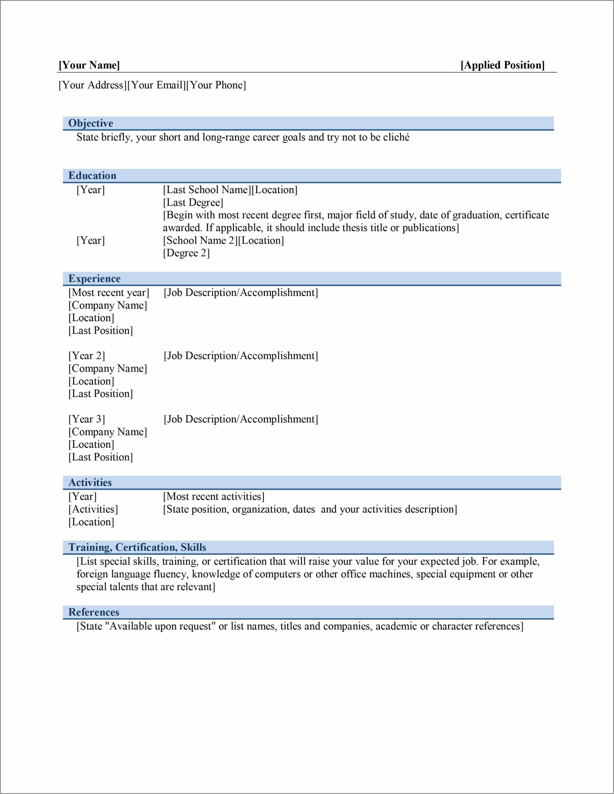 Resume Templates Ms Word 2007