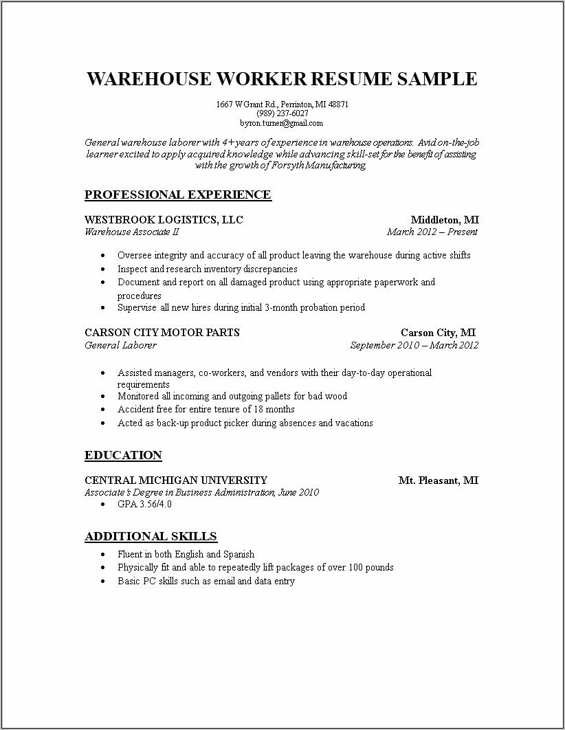 Resume Templates Warehouse Worker