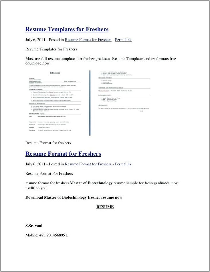 Resume Templates Word For Mba Freshers