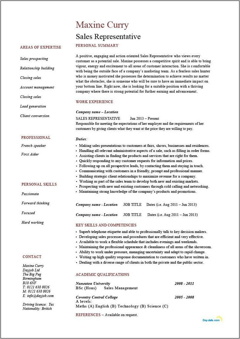 Retail Sales Representative Job Description Resume