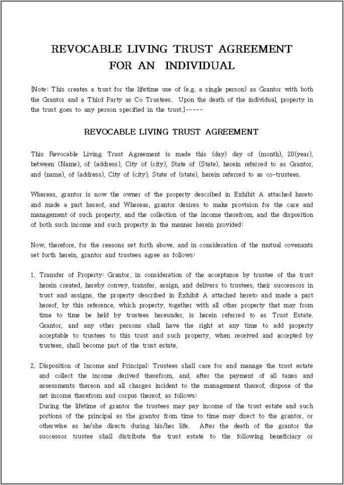Revocable Living Trust Agreement For An Individual