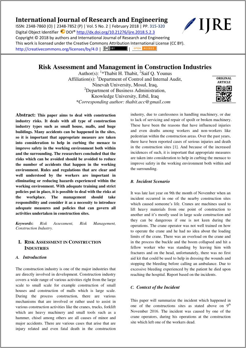 Risk Assessment Example Construction Industry