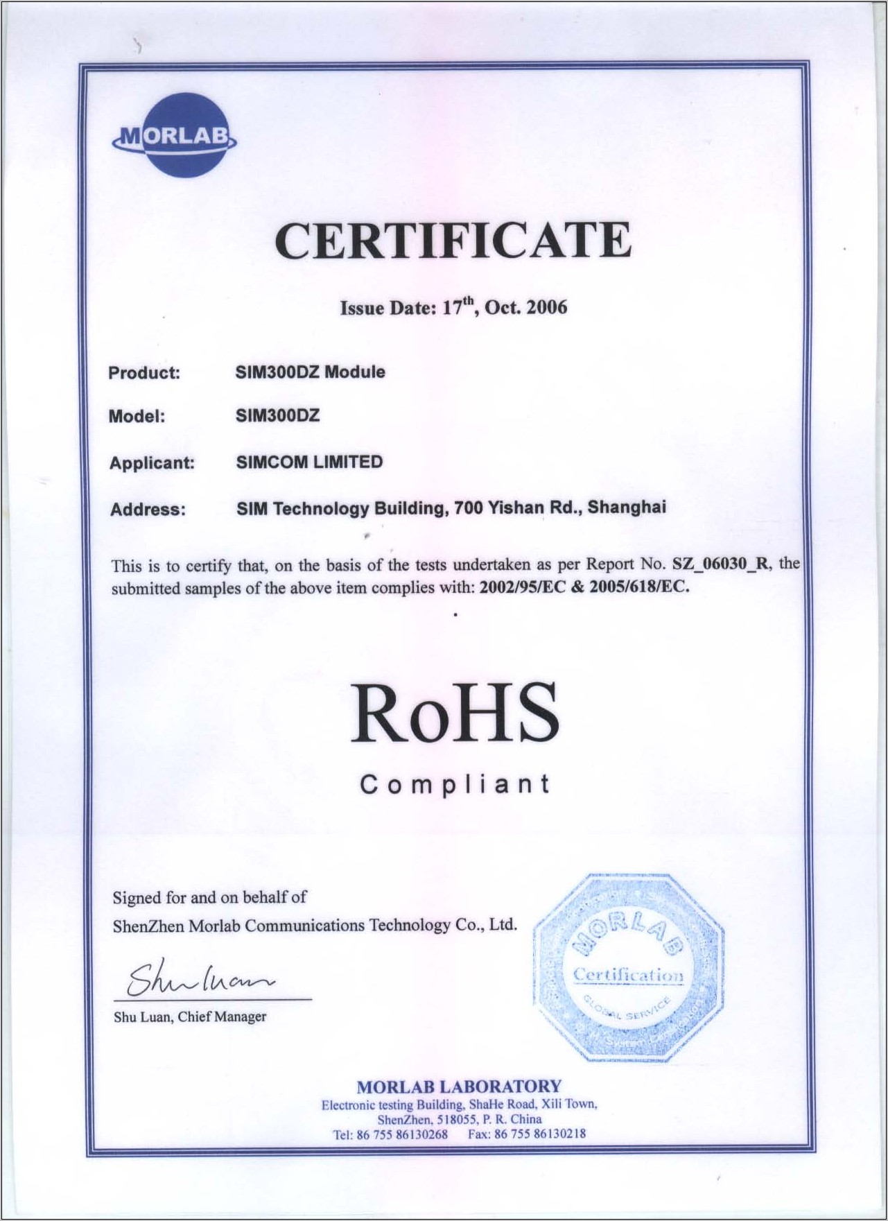Rohs Certificate Of Compliance Example