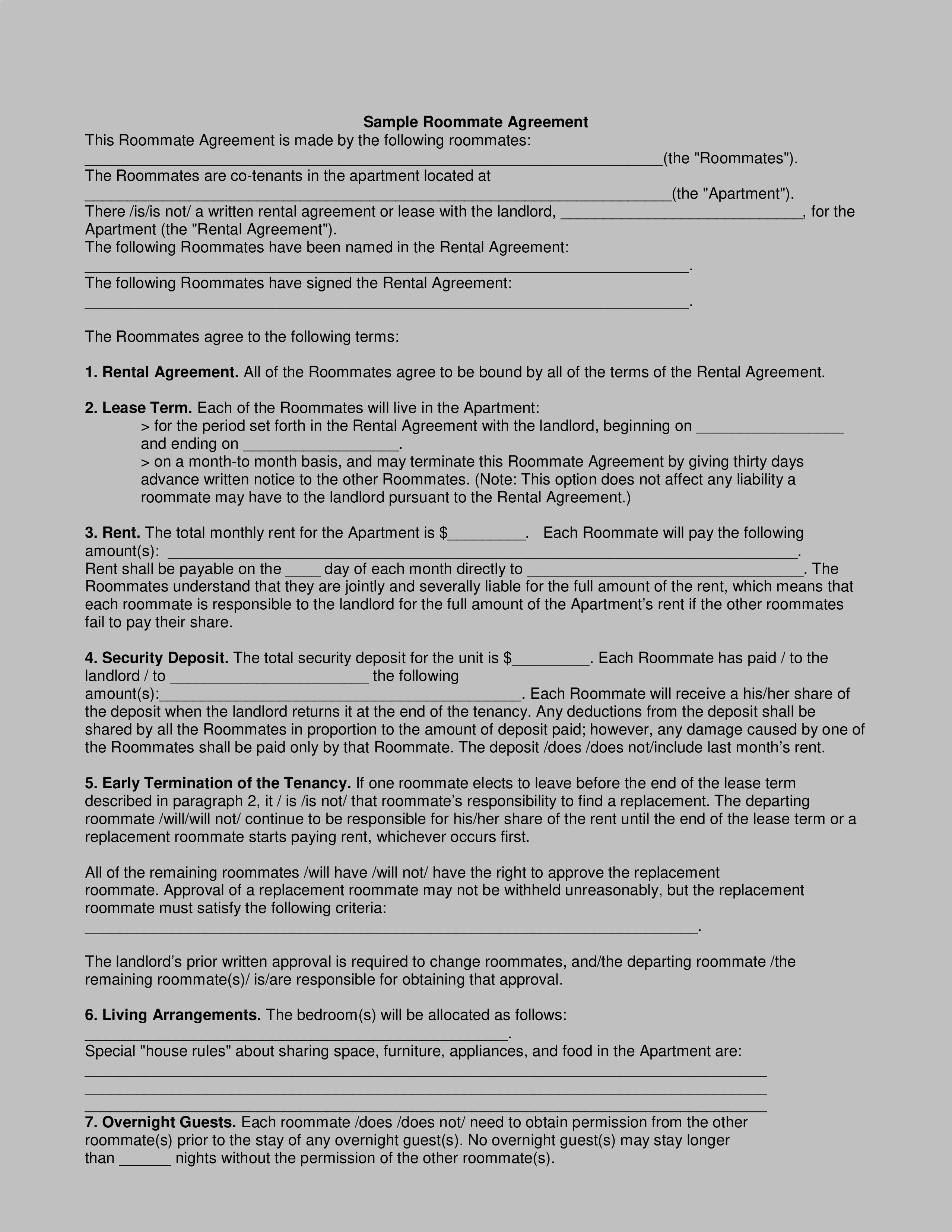 Roommate Agreement Template Free