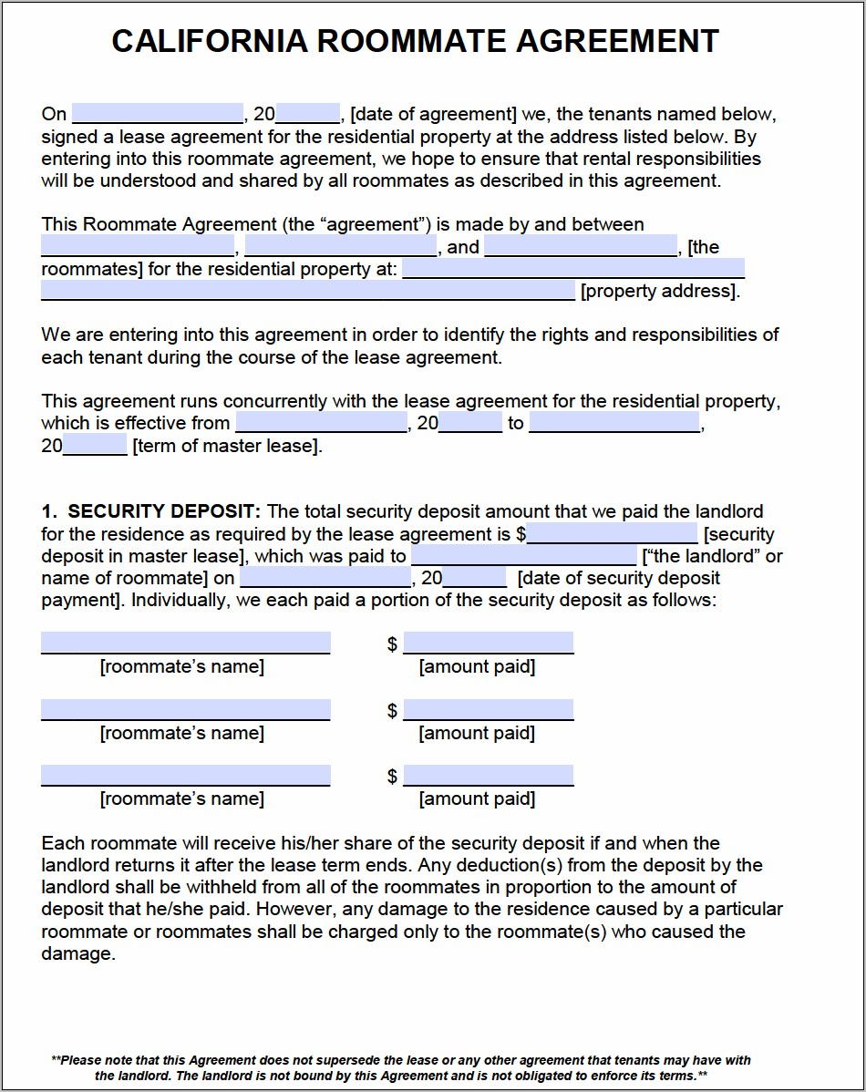 Roommate Agreement Template Word