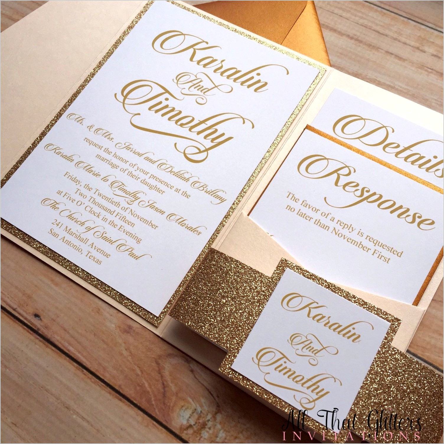 Rose Gold Glitter Wedding Invitations
