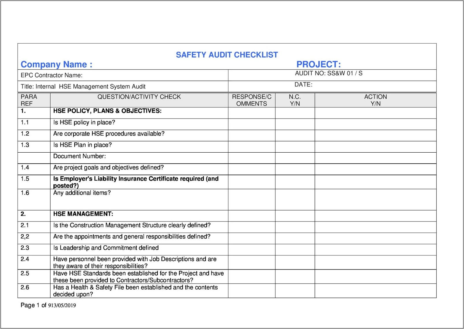 Safety Audit Checklist Sample