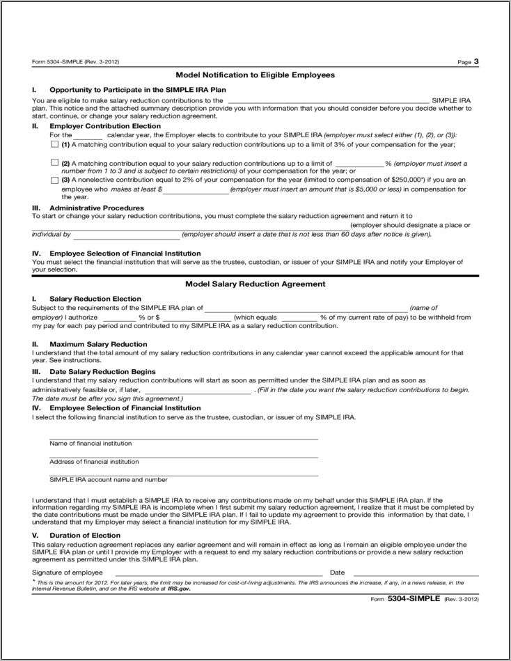 Salary Reduction Agreement Form Simple Ira