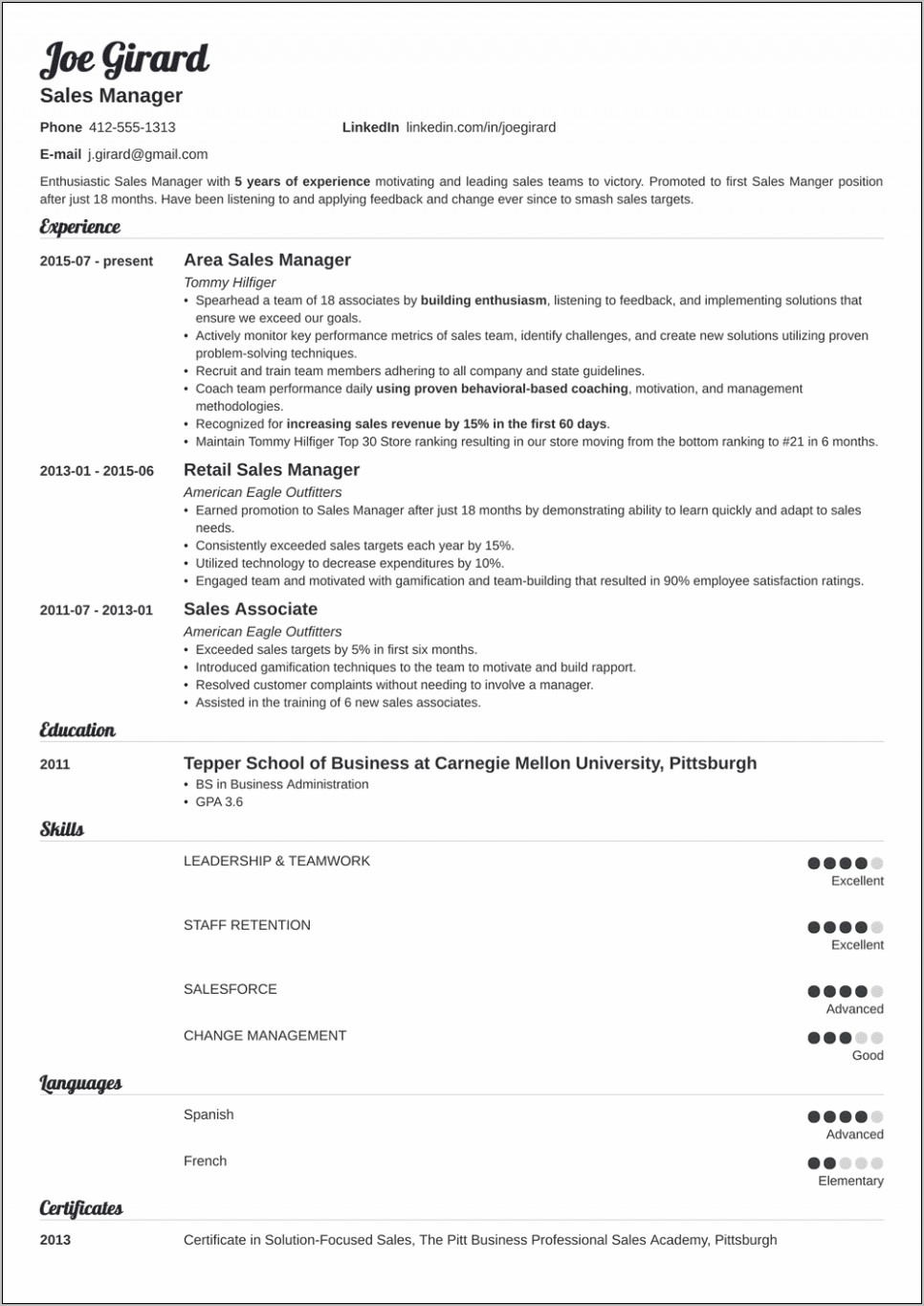 Sales Manager Resume Examples 2018
