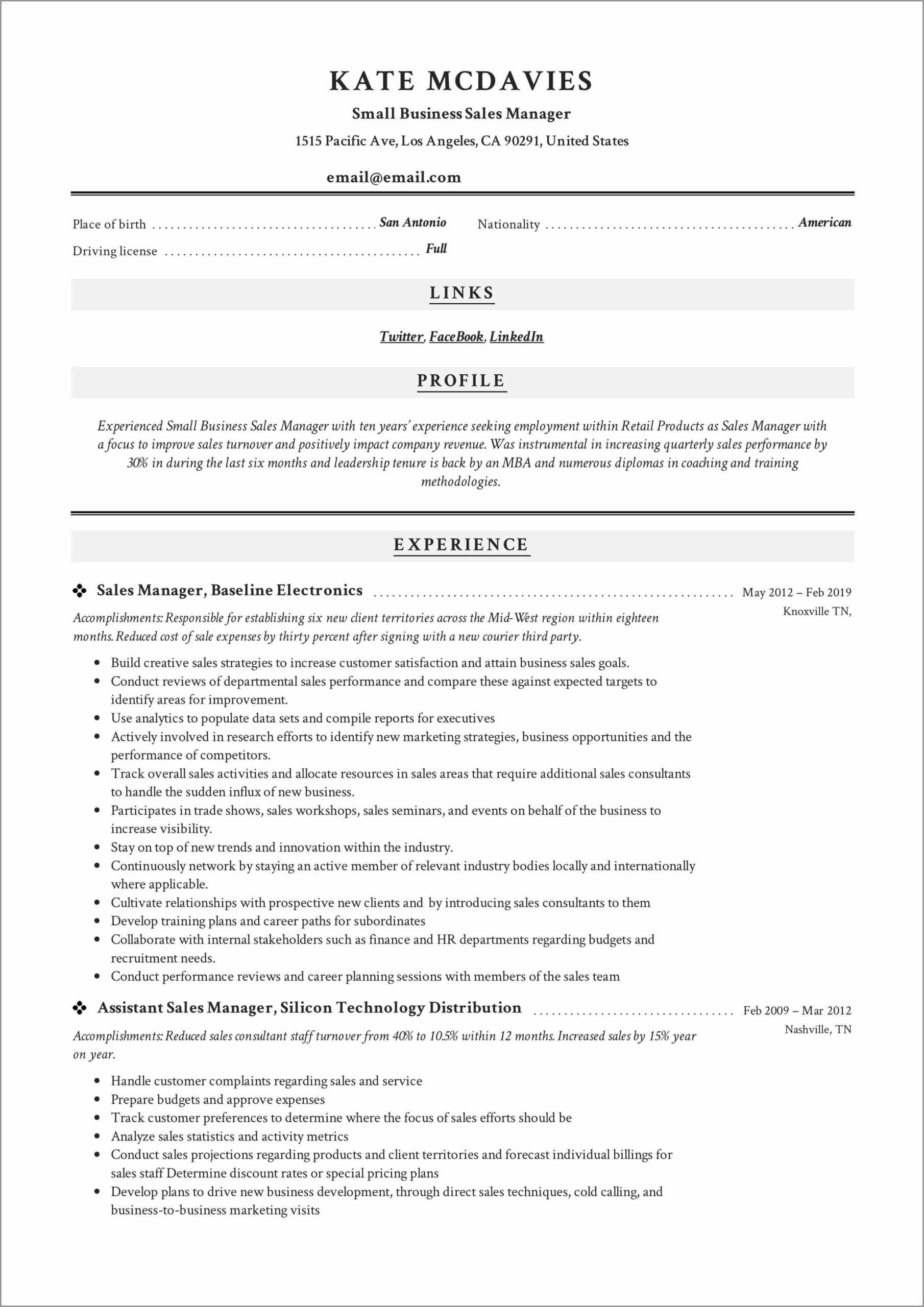 Sales Manager Sample Resume