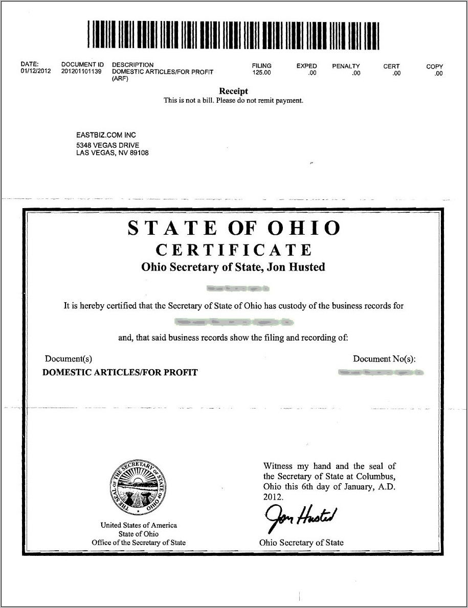 Sample Articles Of Incorporation Llc Ohio