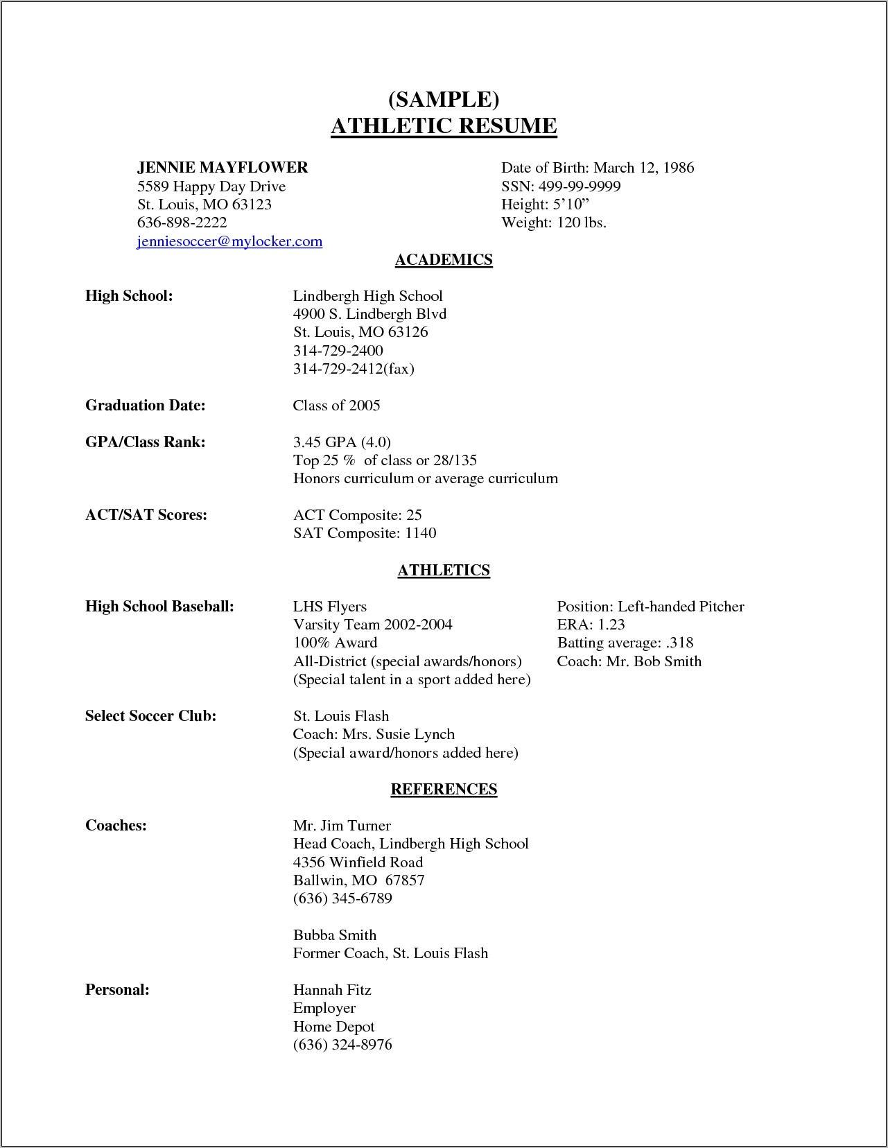 Sample Athletic Resume For College Template