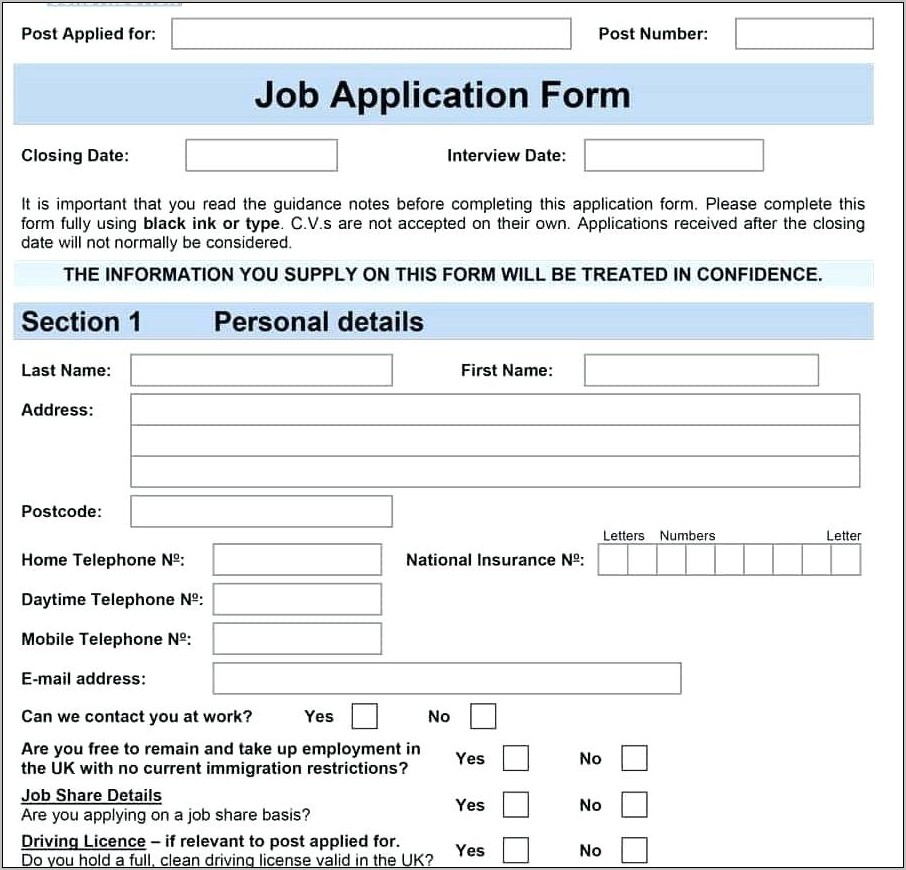 Sample Blank Job Application Template