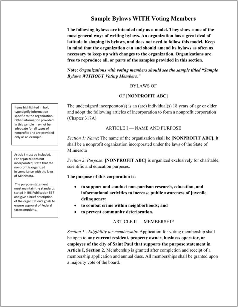 Sample Bylaws For Nonprofit Organizations Without Members