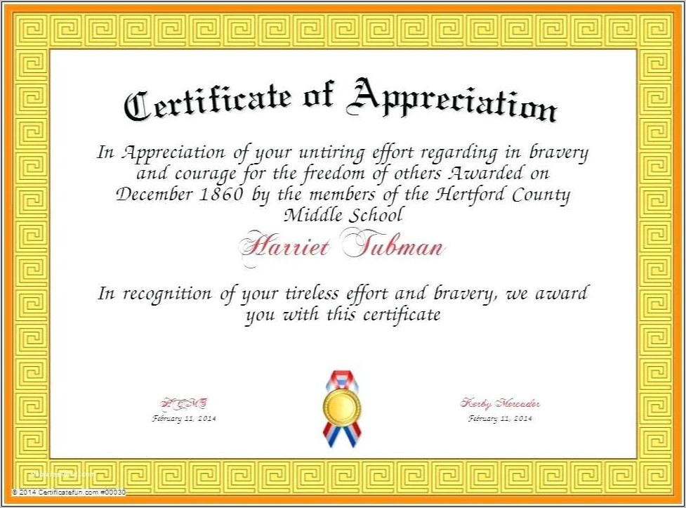 Sample Certificate Of Appreciation Text