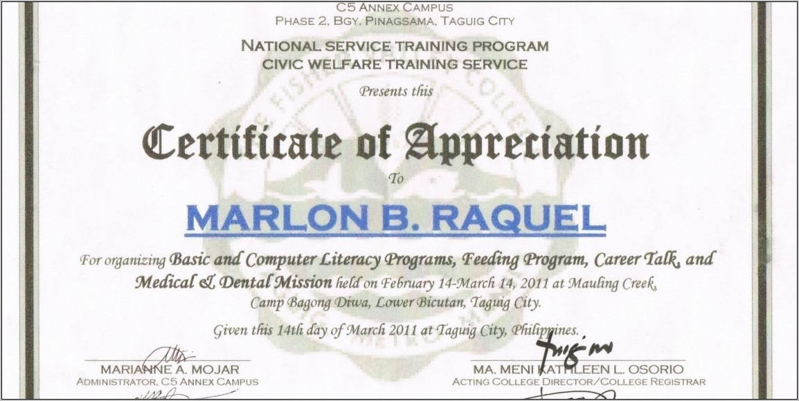 Sample Certificate Of Appreciation