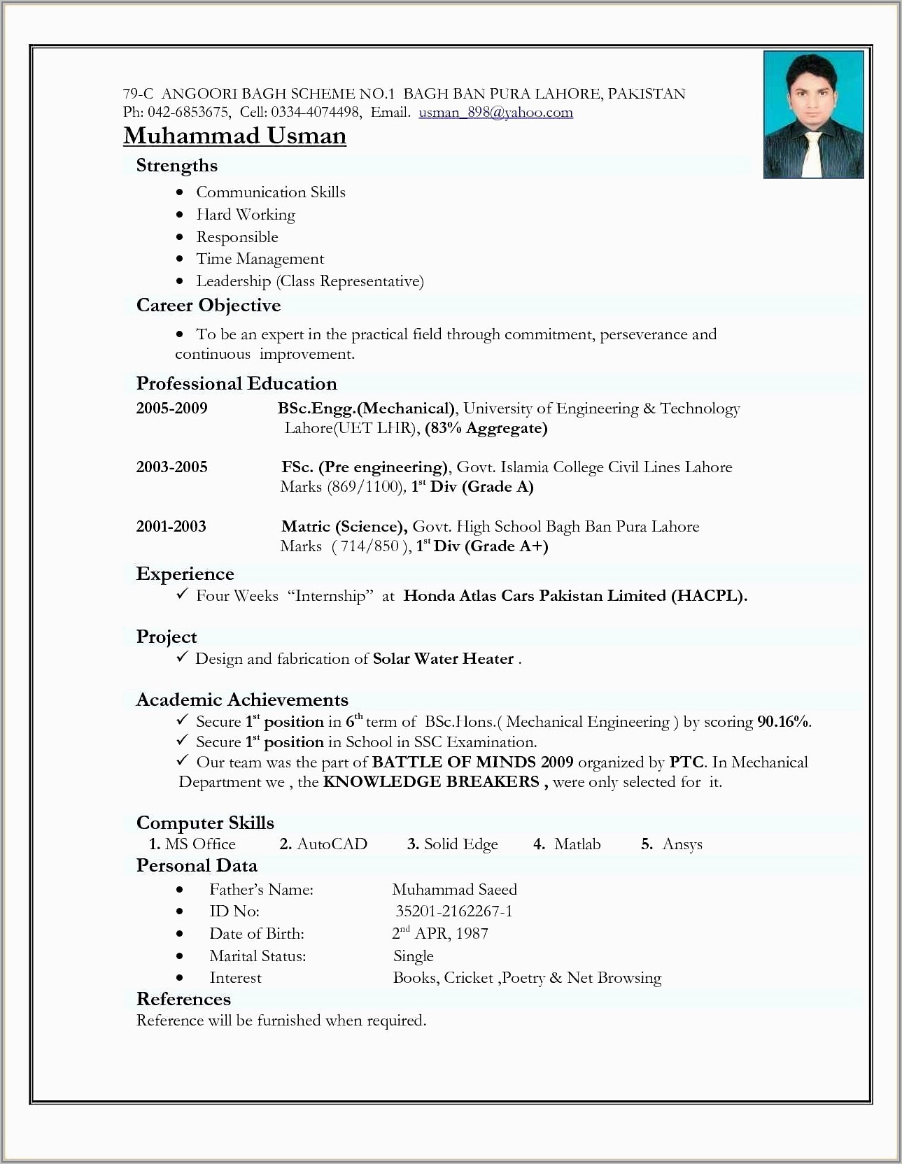 Sample Cv For Mba Marketing Freshers