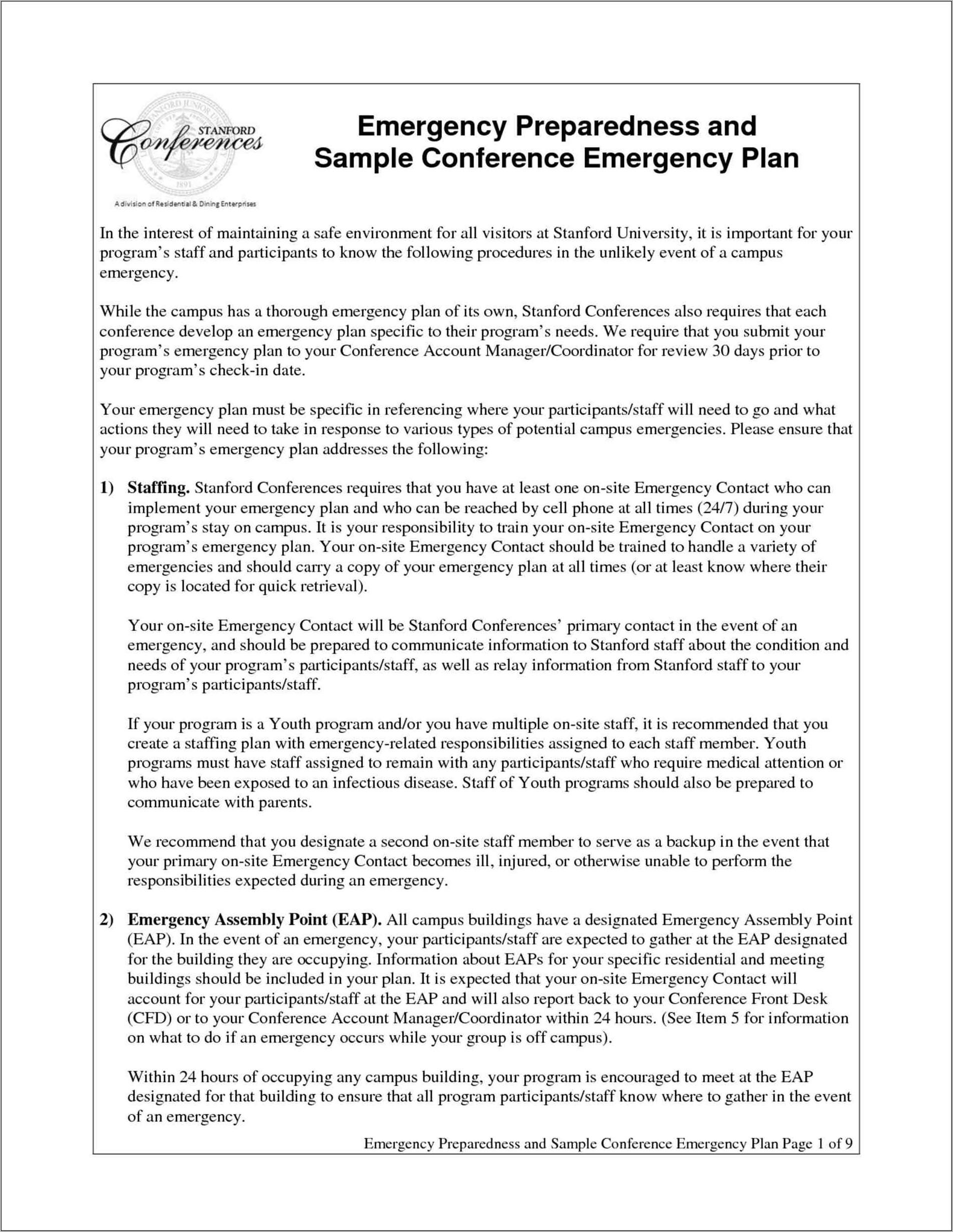 Sample Emergency Preparedness Plan For Daycares